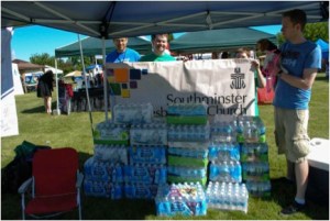 some of the 80 cases of water bottles