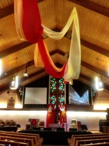 Sanctuary decorated for Pentecost